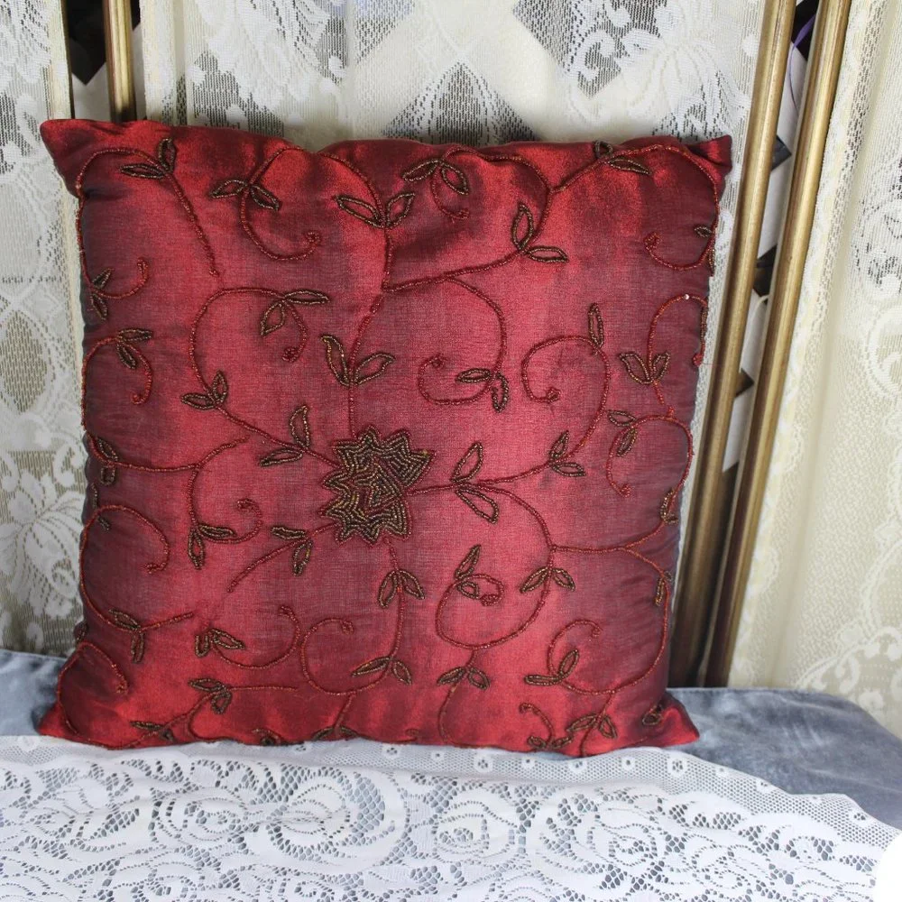 Wine Colored Beaded Christmas Holiday Pillow